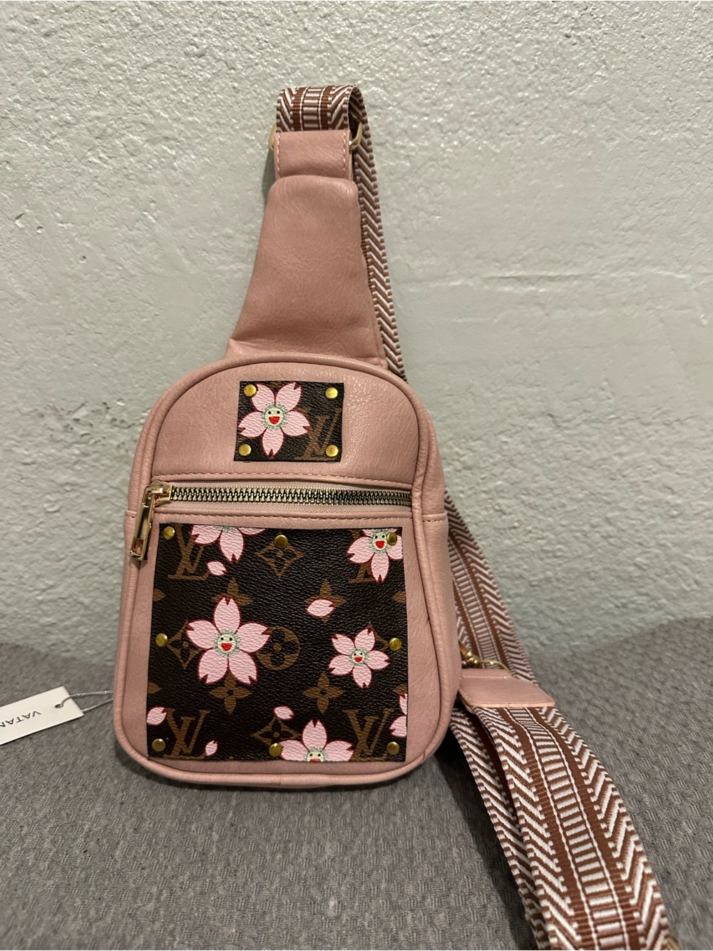 Vatan Pink Floral Monogram Crossbody Sling Bag Vegan Leather